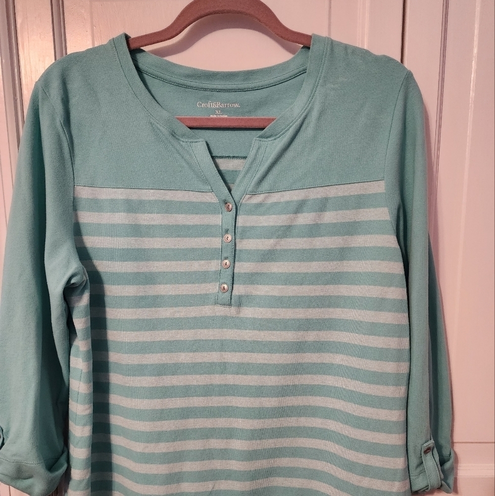 Women's Soft Vneck with buttons Striped lomg sleeve shirt. Stylish.